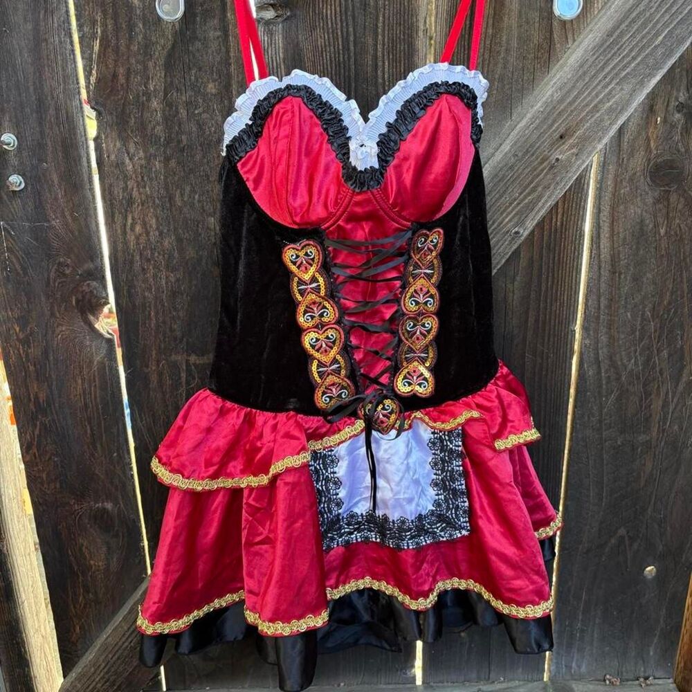Spirit Halloween red & black velvet corset dress with gold trim